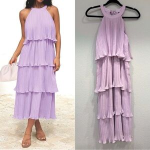 NWT Women's Sleeveless Halter Neck Tiered Ruffle Chiffon Swing Summer Midi Dress